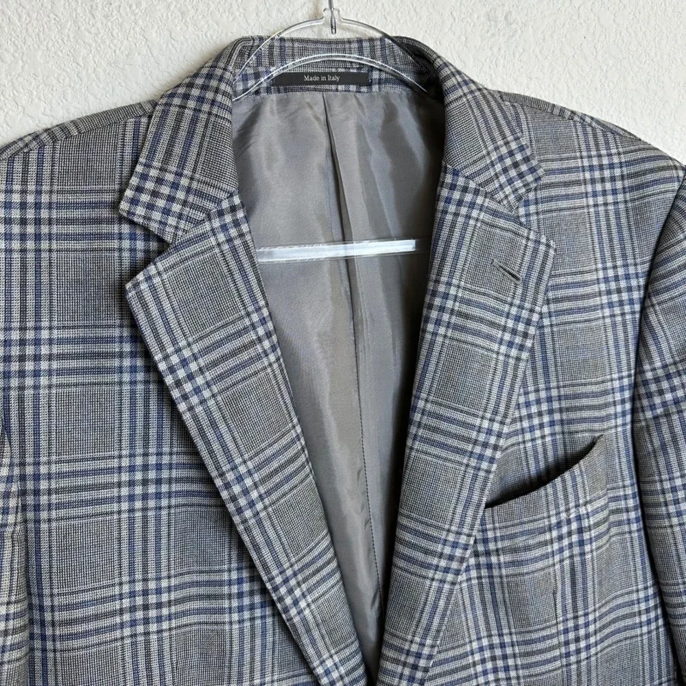 Ermenegildo Zegna Cashmere Silk Sport Coat Grey Blue Plaid Blazer Italy 44R US